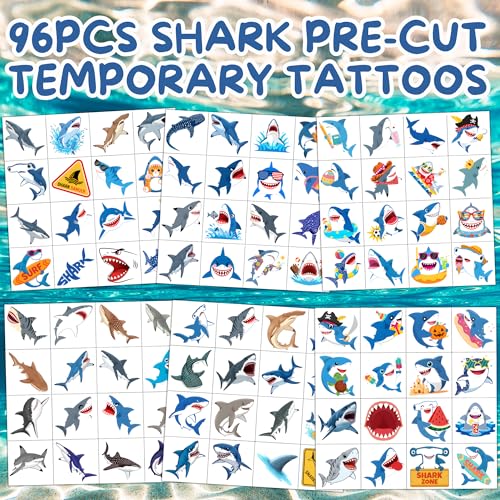 Shark Temporary Tattoos for Kids - 96 Pre-Cut Designs