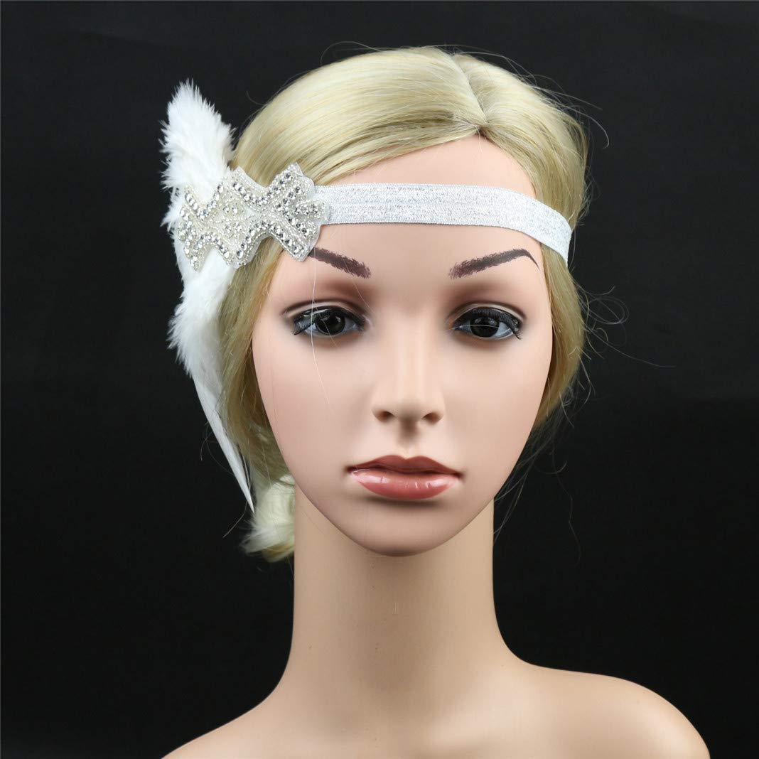 1920s Accessories Flapper Headband Art Deco Roaring 20's Headpieces for Women Gatsby Costume Hair Clip 01White