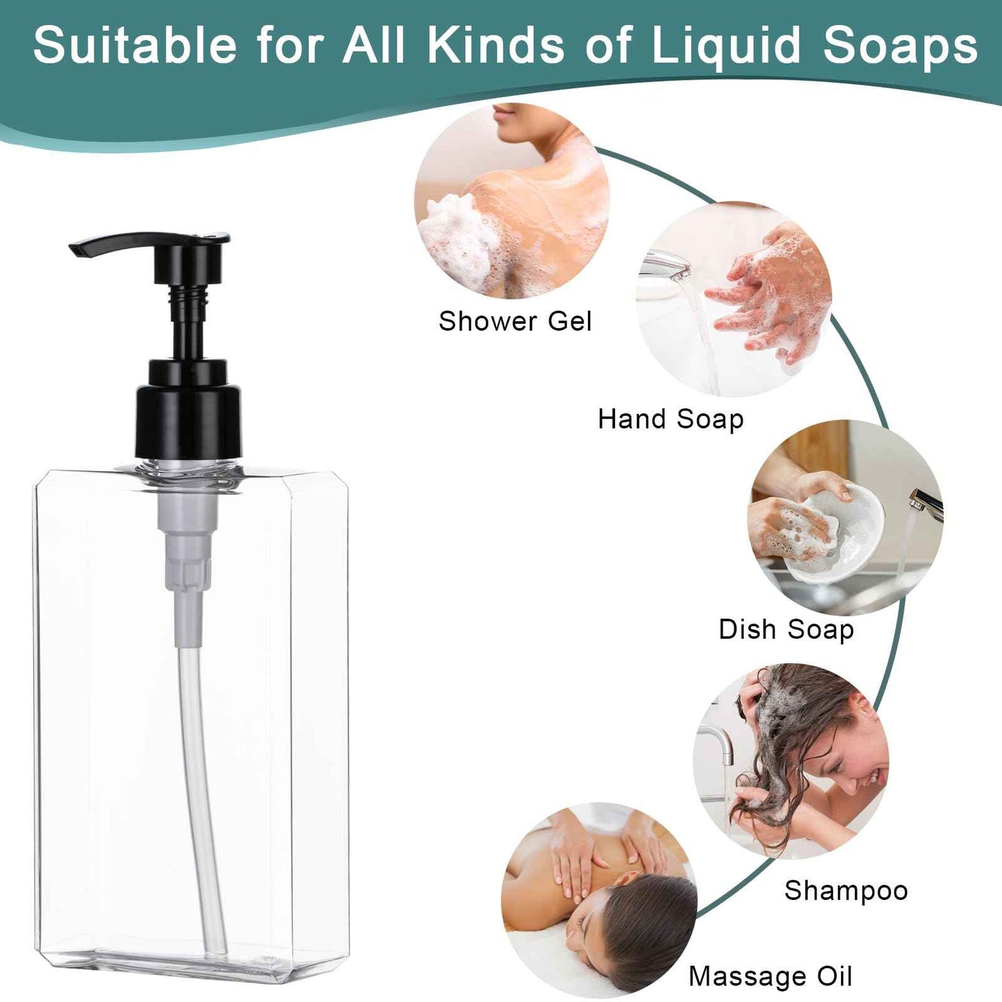 Yebeauty Pump Bottle Dispenser, 10oz 300ml Empty Plastic Shampoo Pump Bottles Shower Soap Dispenser Refillable Liquid Containers for Conditioner Body Wash, Bathroom Kitchen, 2 Pack Clear