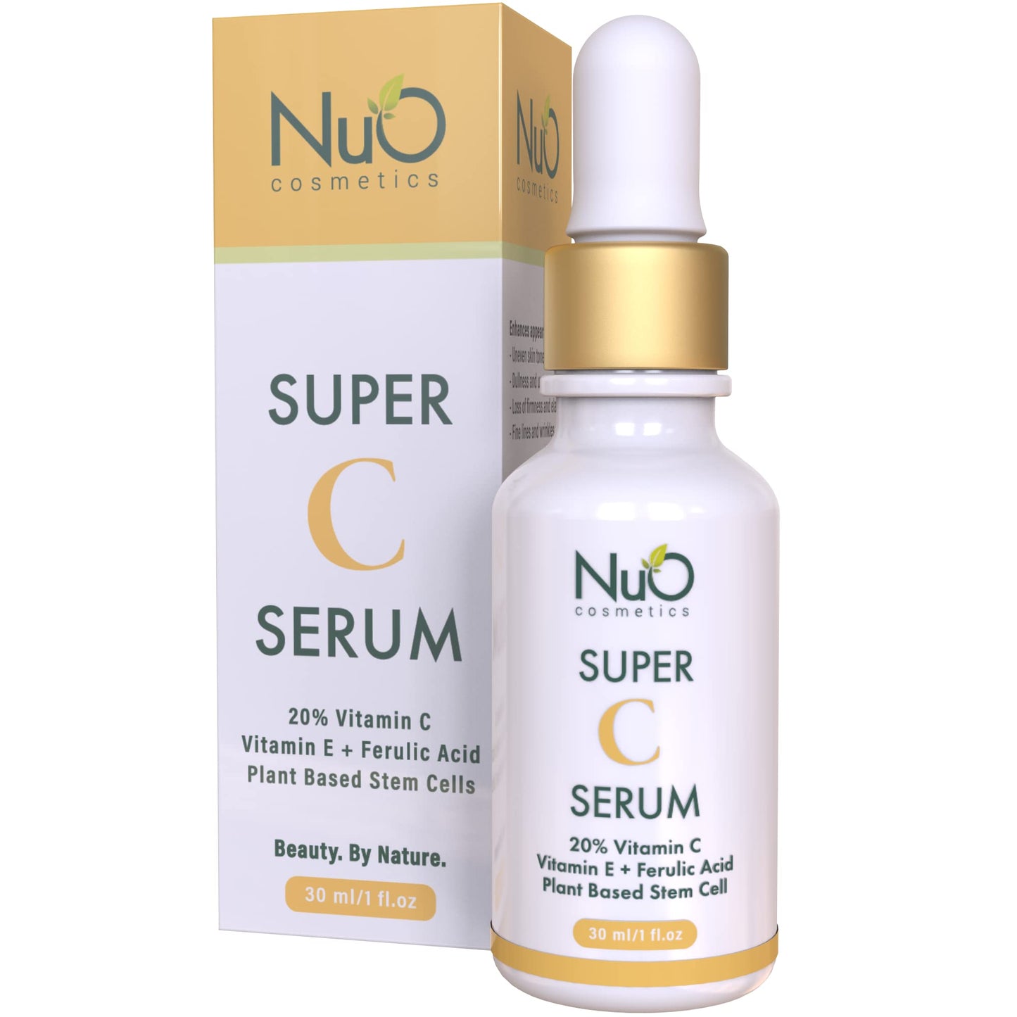 nuorganic Super 20% Vitamin C Serum with Hyaluronic Acid & Plant Stem Cells - Brightening, Anti-Aging for Dark Spots and Fine Lines - Organic & Vegan (1fl Oz)