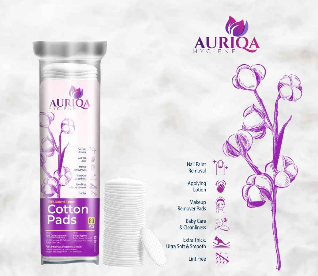 Auriqa Hygiene Premium Cotton Pads for Makeup Removal Round Pads - Pack of 6 - White Cotton, with Aloe Vera Extracts, Embossed, Double Sided, for Skin Cleaning (80 Each)
