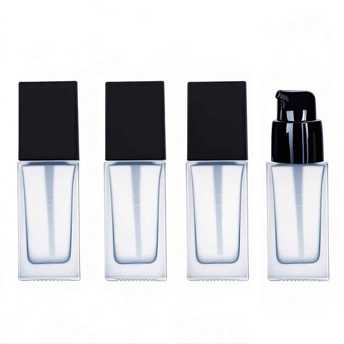 4Packs 30ml/1oz Frosted Glass Foundation Bottles Portable Lotion Dispenser Pump Bottles Empty Refillable Square Liquid Bottle With Press Pump For Essence, Sunscreen, Barrier Cream, Lotion, BB Cream