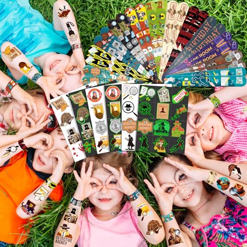 96 PCS Detective Party Favors Set ? 72 Pre-Cut Temporary Tattoos & 24 Slap Bracelets for Kids and Adults, Mystery Birthday Decorations, Escape Room Prizes & Spy-Themed Classroom Rewards