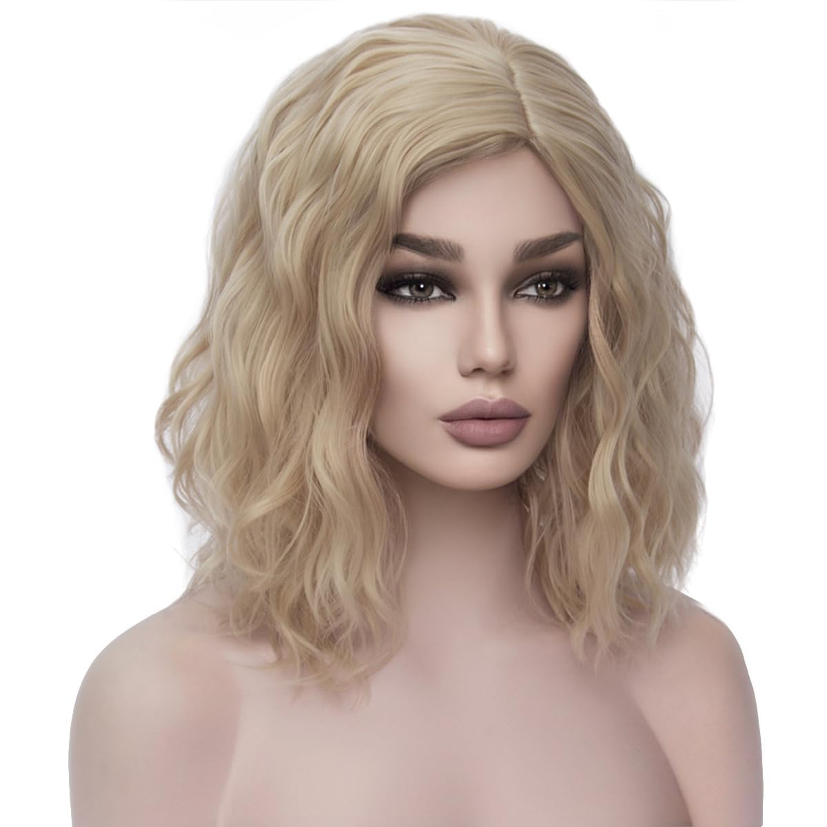 WTHCOS Blonde Wig Short Curly Wavy Bob Wig for Women Girls Blonde Hair Wigs Beach Wave Synthetic Wigs for Cosplay Costume Party Wig Cap Included