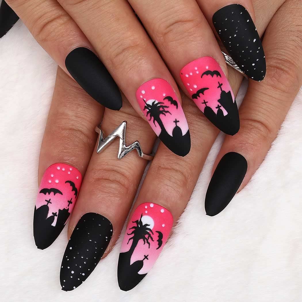 Outyua Stiletto Halloween Long Press on Nails with Design Horror Acrylic Fake Nails Ballerina False Nails Designer Full Cover Nails 24Pcs for Women and Girls (Pink Tree)