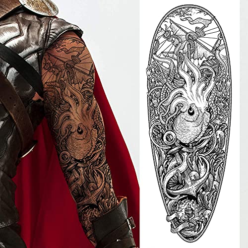 2 x Temporary tattoo full arm caribbean pirate kraken stick on body art transfer for women and men cosplay halloween adult temp tattoo for arms fancy dress