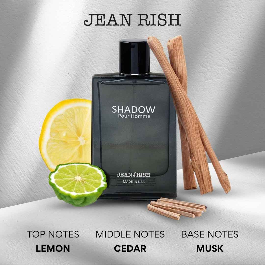 Jean Rish Shadow Pour Homme Eau De Toilette for Men (3.4 Fl Oz / 100ml) with Lemon, Cedar & Musk Notes - Long Lasting and Luxury Fragrance