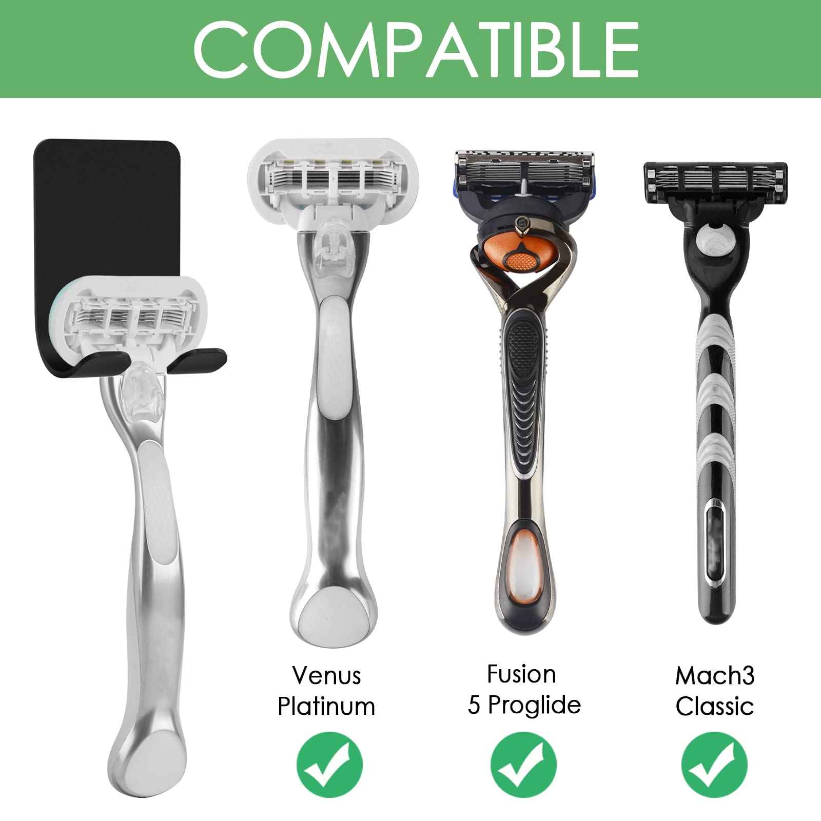 Linkidea 2 Packs Wall Mount Razor Holder for Shower, Stainless Steel Self Adhesive Shaver Hooks, Sticky Hanger Compatible with Venus Platinum, Fusion 5 Proshield, Mach 3 Classic (Black)