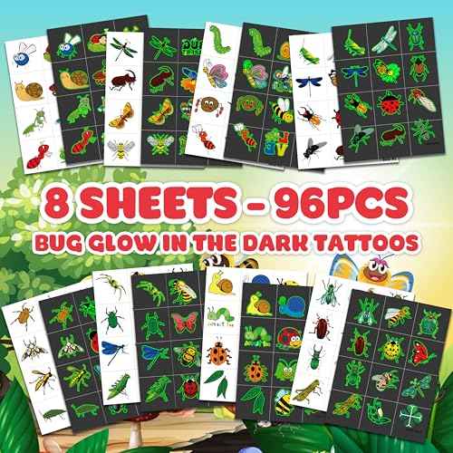 96PCS Glow in The Dark Bug Temporary Tattoos for Kids ? Luminous Bug Stickers for Boys Girls Birthday Party Favors, Halloween Decorations, School Rewards, Bug-Themed Gifts (Luminous)