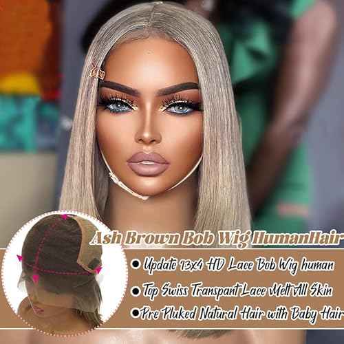 Ash Blonde Bob Wig Human Hair 13x4 HD Transparen Lace Frontal Wig Human Hair for Black Women,Glueless Ash Blonde Straight Bob Wigs Human Hair Pre Plucked 150% Density Short Blonde Wigs Human Hair