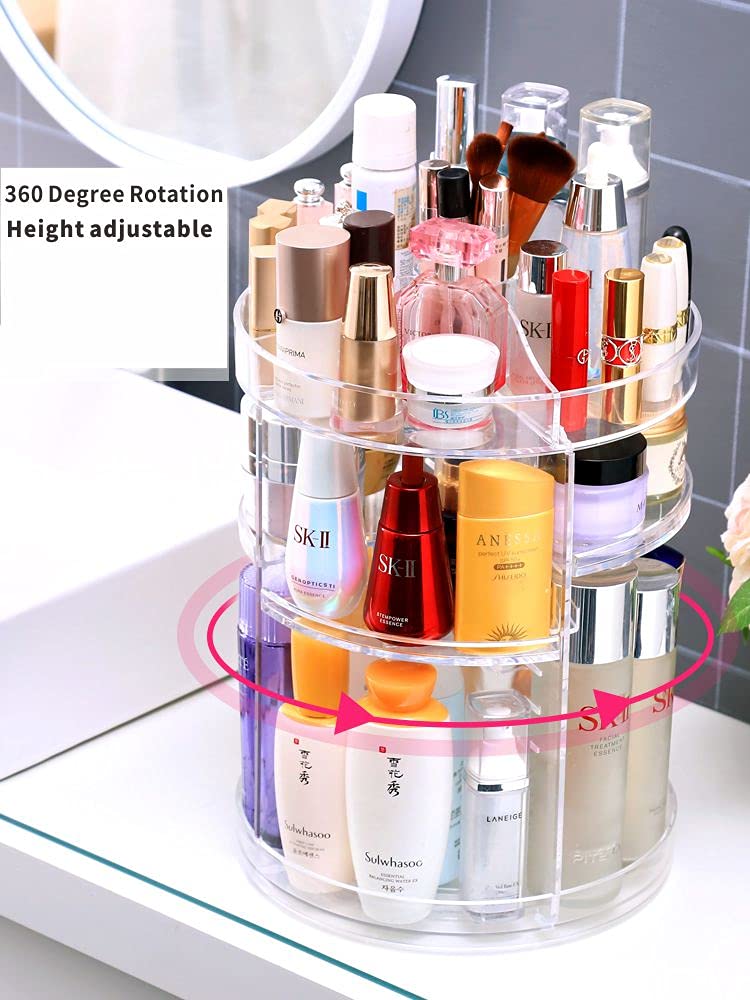 Cq acrylic 360 Rotating Makeup Organizer 4 Tiered Clear Round Spinning Skincare Organizer for Vanity,Lazy Susan Carousel Bathroom Beauty Standing Organizer Tower Skin Care Holder Dressing Table