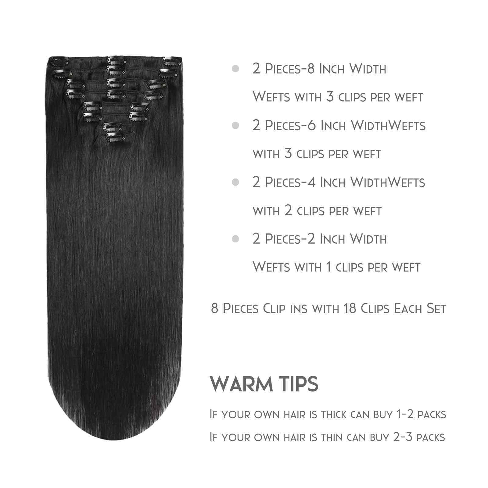 Clip in Hair Extensions Real Human Hair, Clip in 100% Brazilian Remy Human Hair Extension for Women, Double Weft 8pcs Per Set with 18 Clips