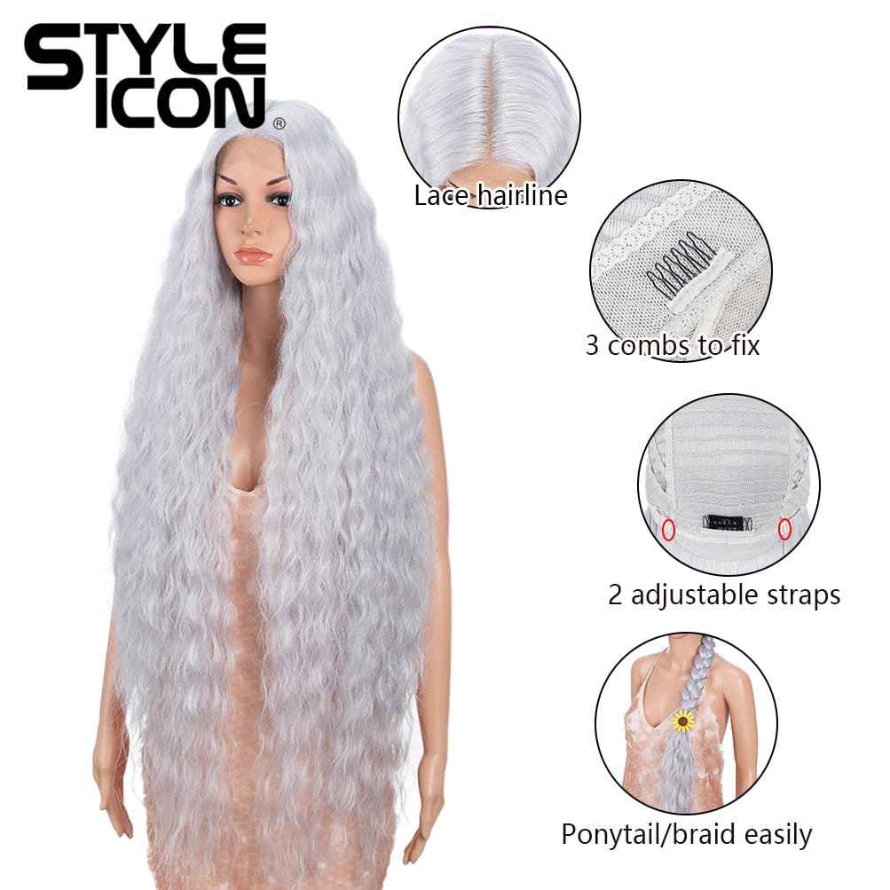 Style Icon 41" Lace Front Wigs Long Wavy Synthetic Wigs with Baby Hair Silver Grey Bohemian Style Half Hand Tied 130% Density Wigs (41", THISTLE)