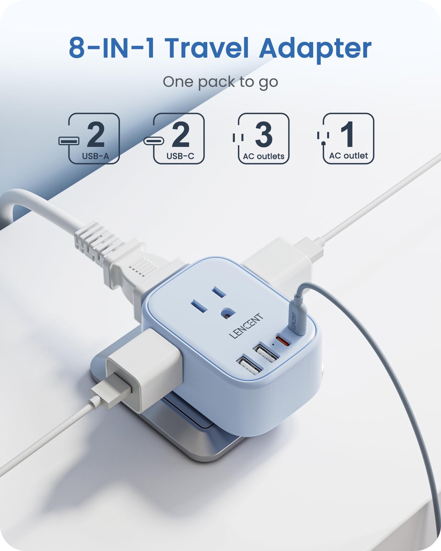 European Travel Plug Adapter, LENCENT International Type-C Foldable Power Plug with 4 Outlets, USB C Charger Adaptor, US to Most of Europe EU Iceland Spain Italy France Germany, Cruise Approved, Blue