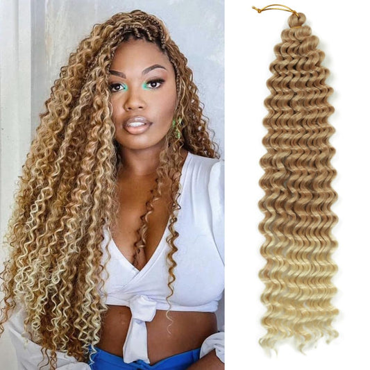 Curly Crochet Hair 22 Inch 3 Packs Ocean Wave Crochet Hair Extensions Deep Wave Crochet Hair for Black Women Curly Braiding Hair for Boho Box Braids (27/613, 22inch 3pack)