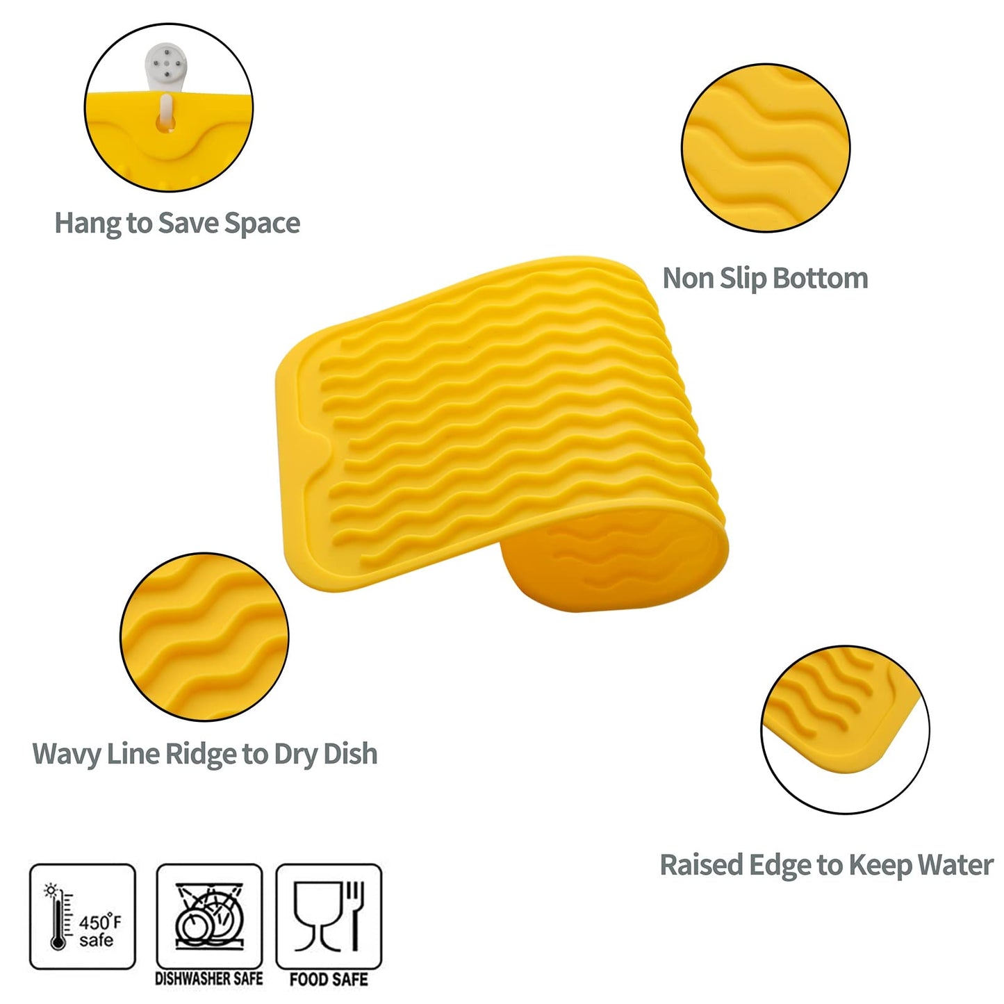 MicoYang Silicone Dish Drying Mat for Multiple Usage,Easy clean,Eco-friendly,Heat-resistant Silicone Mat for Kitchen Counter,Sink,Bar,Bottle,or Cup Yellow S 12 inches x 6 inches