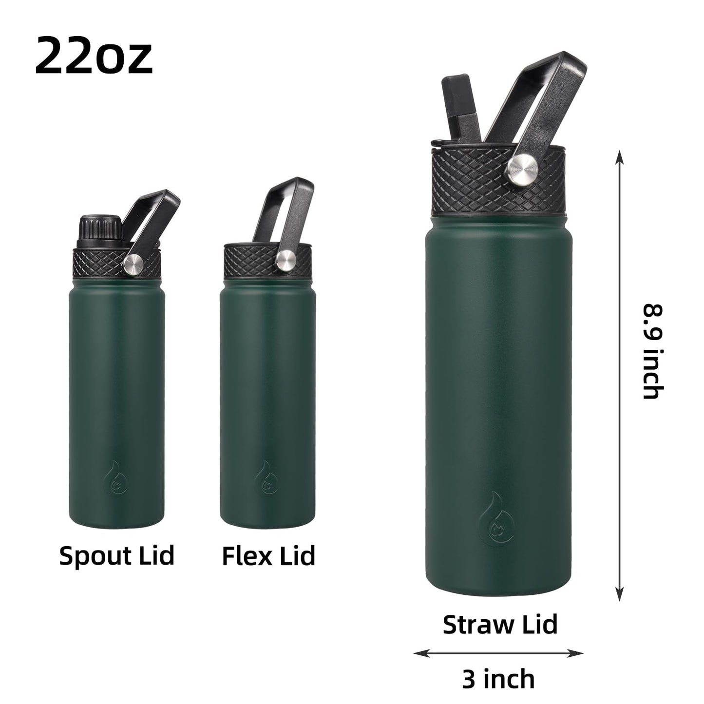 BJPKPK Insulated Water Bottles with Straw Lid, 22oz Cold & Hot Water Bottle, Stainless Steel Metal Water Bottle with 3 Lids, Reusable Thermos, Cups, Mugs for Daily Water Intake-Army Green