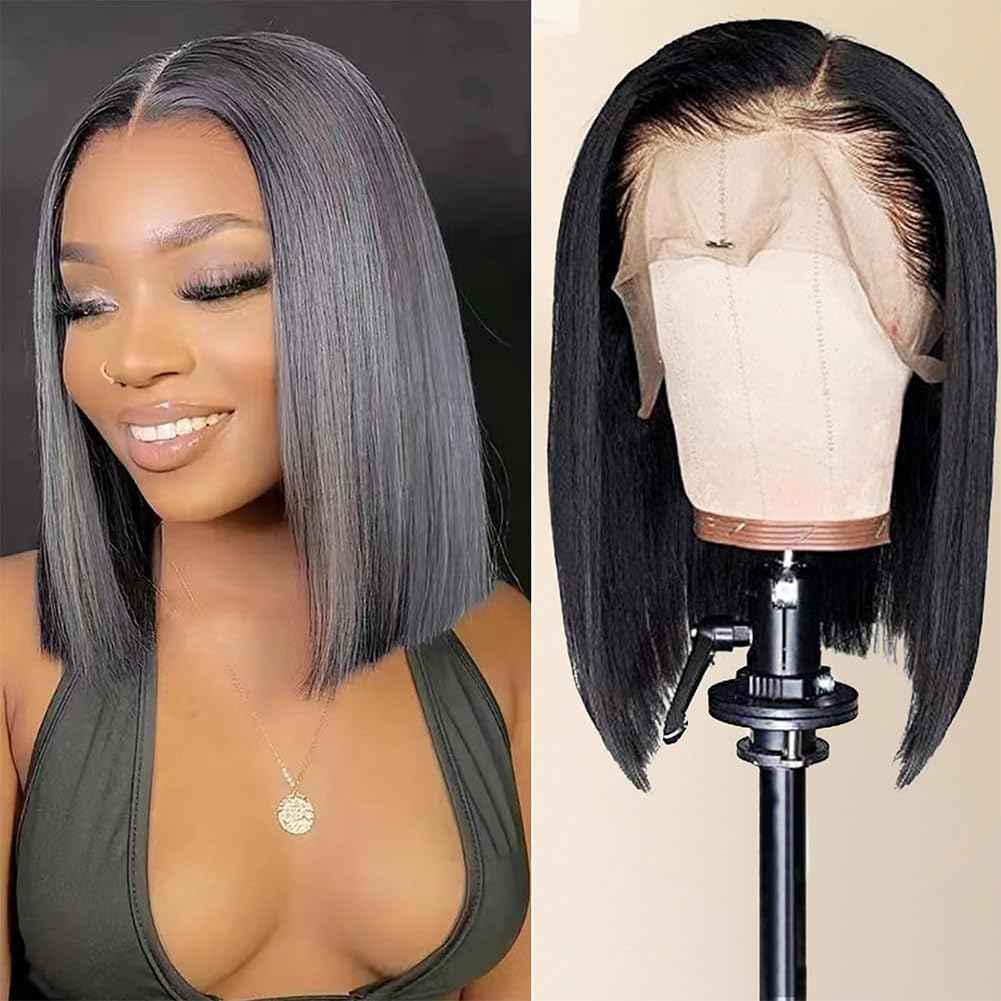 TONGMAY Short Straight Bob Wig Human Hair 13x4 Lace Frontal Bob Wig HD Transparent Bob Lace Front Wigs for Women 180 Density Glueless Wigs Human Hair Brazilian Virgin Bob Wig Natural Black 12 Inch
