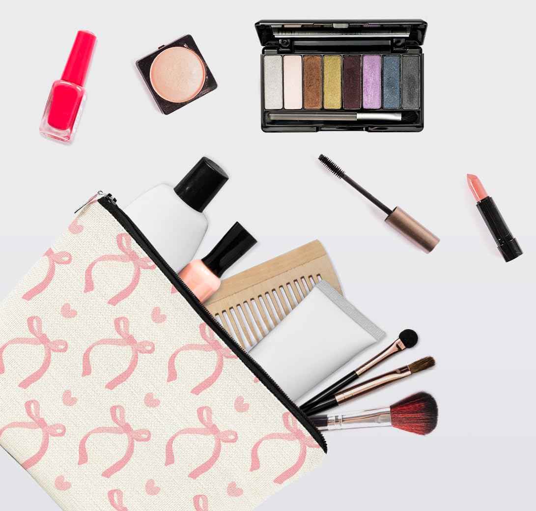 EXUQO Coquette Pink Bow Makeup Bag,Coquette Stuff Preppy Bags,Trendy Coquette Gift Cosmetic Bag,Pouch Gift for Teen Girls Women,Aesthetic Makeup Bag