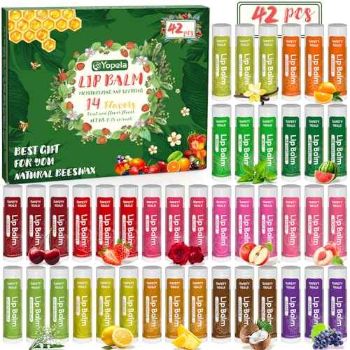 Yopela 42 Pack Natural Lip Balm Bulk with Vitamin E and Coconut Oil - Moisturizing, Soothing, and Repairing Dry and Chapped Lips Valentine's Gift - 14 Flavors - Non-GMO