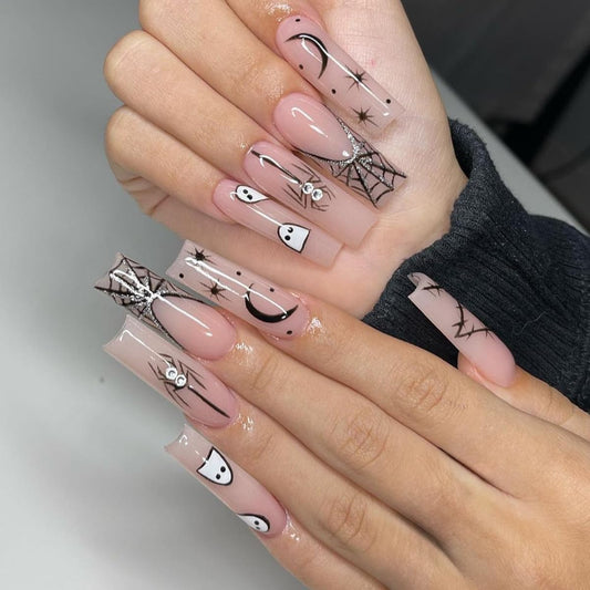 Halloween Press on Nails Long Square Fake Nails Full Cover Spider Web Ghost Glue on Nails Glossy Nude Long Halloween False Nails with Designs Cute Halloween Stick on Nails Long for Women 24PCS