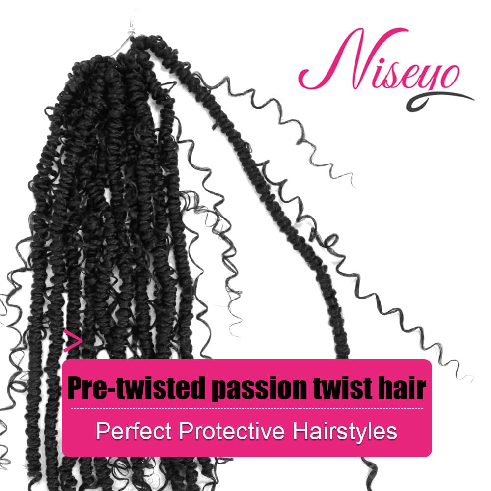 NISEYO Goddess Passion Twist Crochet Hair with Curly Ends 18 Inch, 8 Packs Boho Style Crochet Passion Twist Hair Pre looped, Long Pre-twisted Boho Braids (1B,Natural Black)