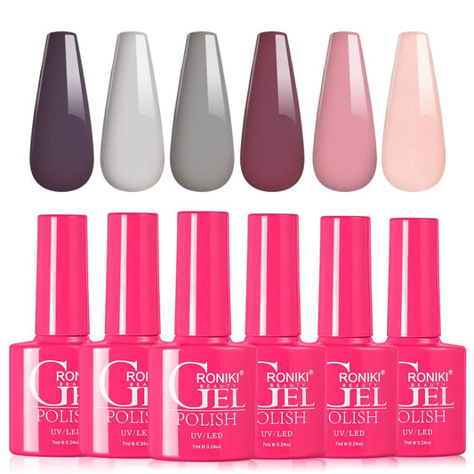 RONIKI 6 Colors Gel Nail Polish Set - Includes Nude, Light Pink, Mauve, Gray, Neutral Gel Nail Polish, Trendy Nail Gel Polish Soak Off UV for DIY Home Salon Nails Women Gifts