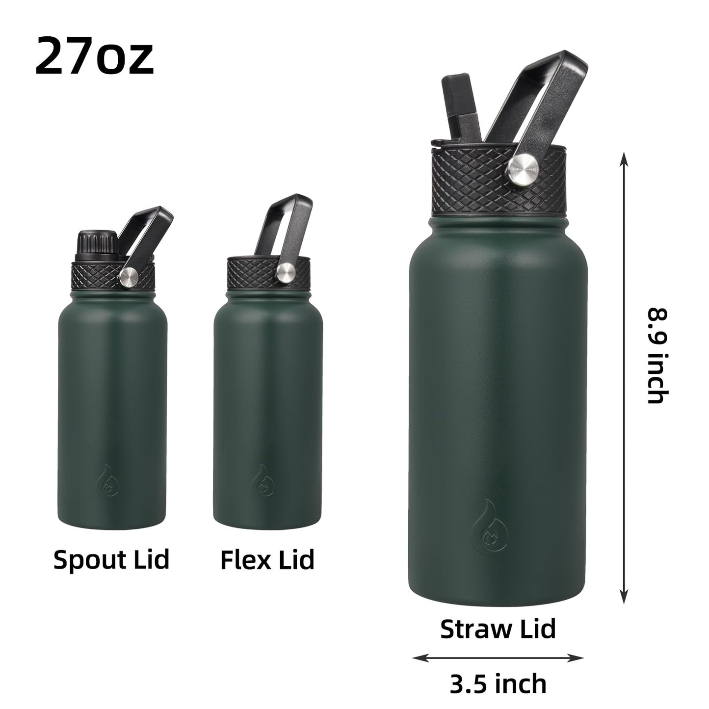 BJPKPK Insulated Water Bottles with Straw Lid, 27oz Stainless Steel Water Bottle with 3 Lids, Leak Proof BPA Free Metal Thermos Mug, Sports Water Bottle Keep Cold & Hot-Army Green