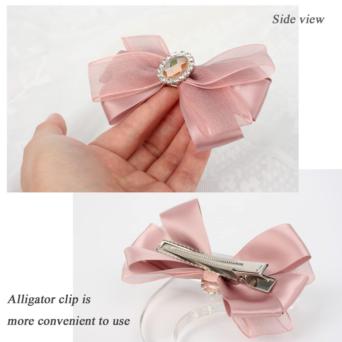 Hair Bows for Women dark pink Bow Clips embellished with Rhinestones and Yarn beautiful and elegant Satin Barrette for Ladies (dark pink)