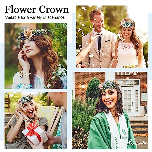 Unicelucky Handmade Flower Crown for Women Maternity PhotoShoot Floral Crown Headband Hair Wreath Flower Garland Headpiece with Ribbon for Wedding Festival Party HEBQH7-K