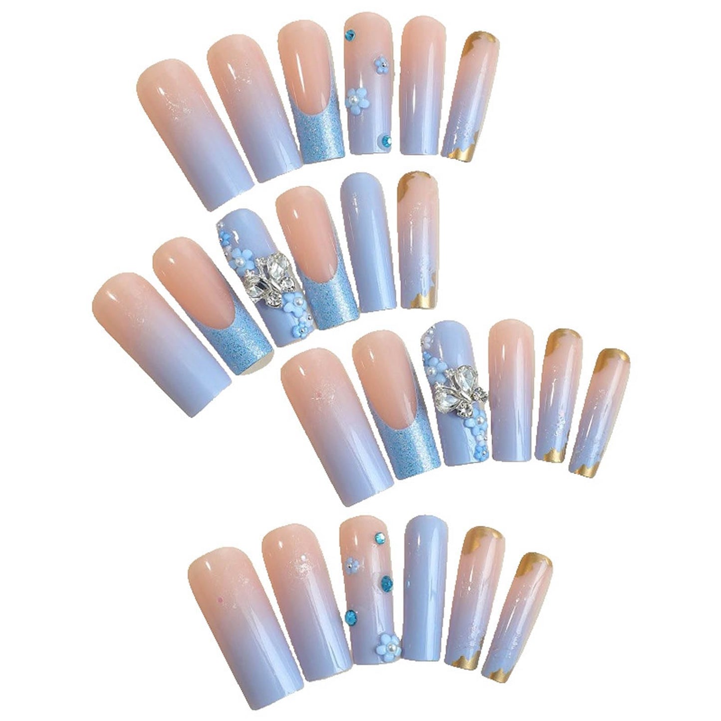 Rchovsam Blue Extra Long Press on Nails Square Fake Nails Butterfly Flowers with Diamond Stick on Nails Glue on Nails Blue with Glitter Square Press on Nails for Wemon and Girls 24pcs