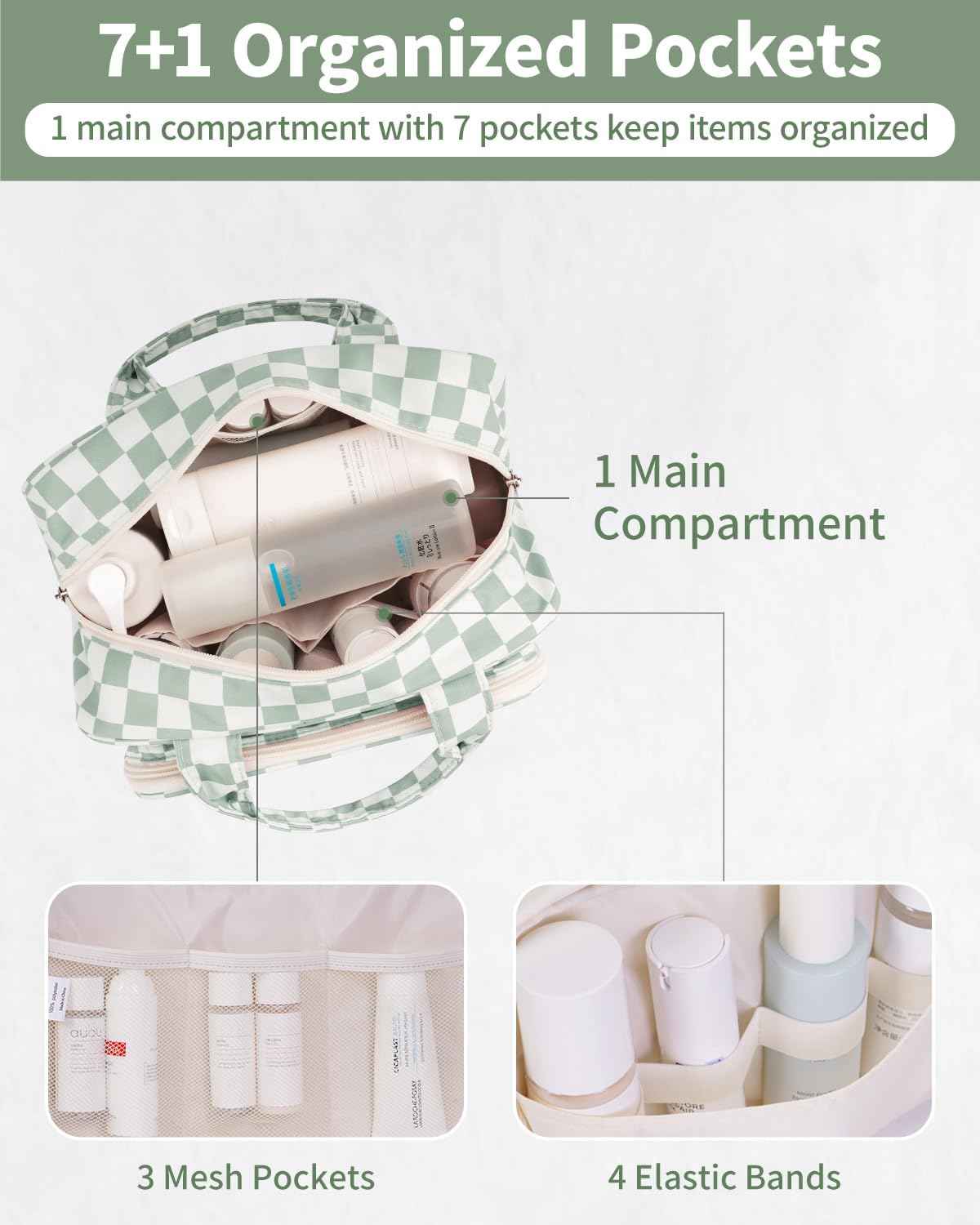 Narwey Large Travel Toiletry Bag for Traveling Women, Cosmetic Makeup Bag Make Up Organizer, Checkered Travel Bag for Toiletries with Handle (Mint Green Checkerboard)