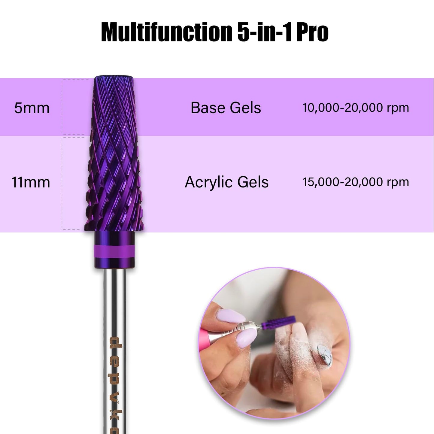 Depvko 5 in 1 Pro Nail Drill Bits, 3/32'' Carbide Tungsten Bits, Two Way Rotate Professional Advanced Safety Bits for Nail, Fast Remove for Manicure Pedicure Cuticle Gel Polishing, Salon Home (Purple)