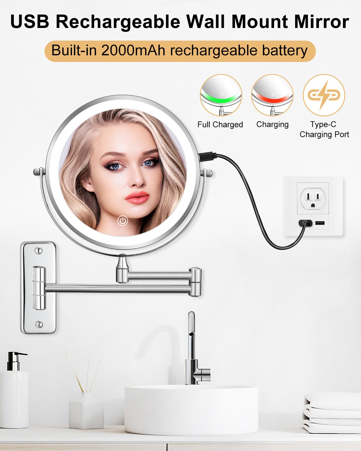 DECLUTTR Rechargeable Wall Mounted Makeup Mirror, 8 Inch 1X/10X Magnifying Mirror with 3 Color Lights, Dimmable LED Lighted Makeup Mirror with Double Sided