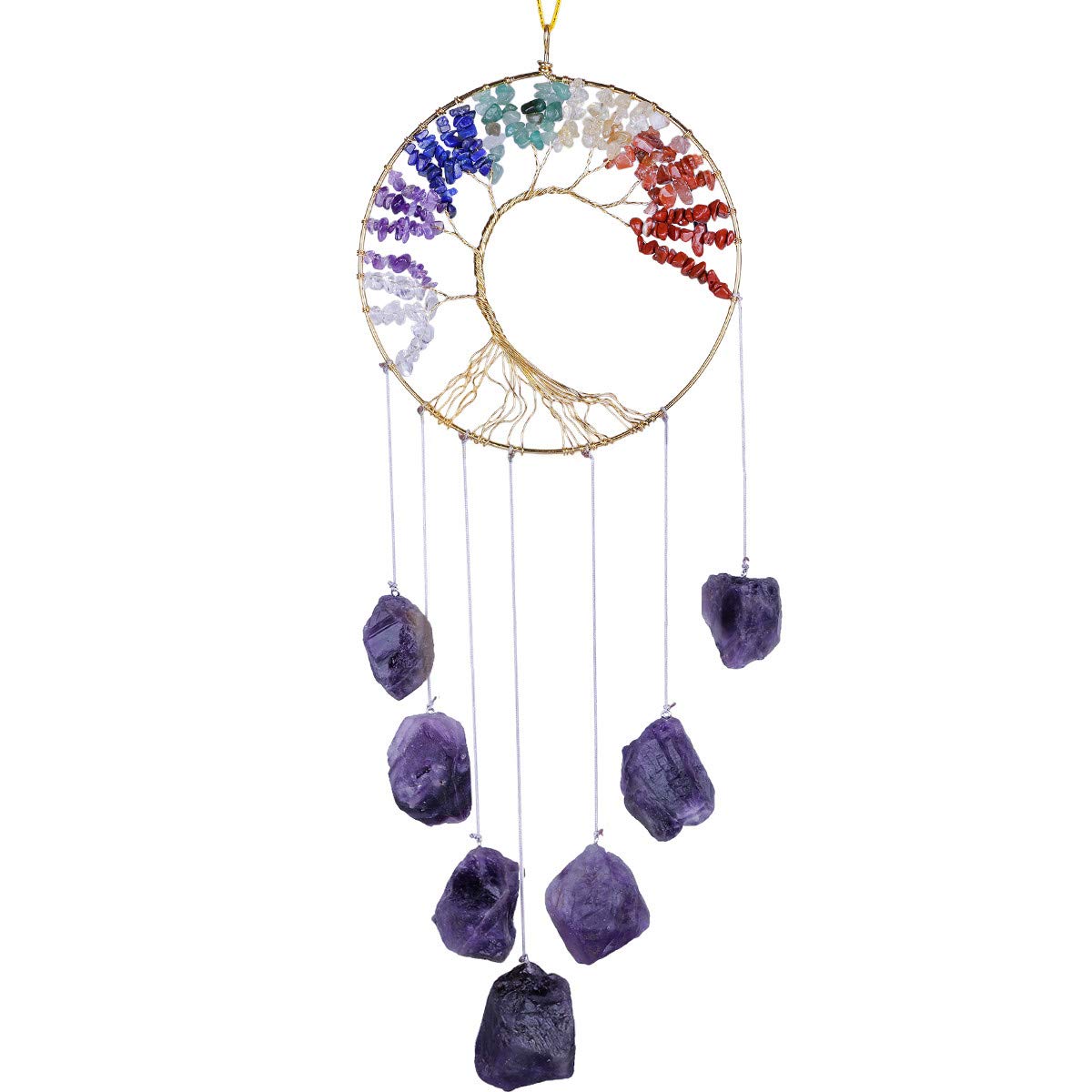 mookaitedecor 7 Chakra Tree of Life with Natural Amethyst Rough Stones Wall Hanging Ornament Home Decoration for Reiki Healing Meditation, 23-26 Inch