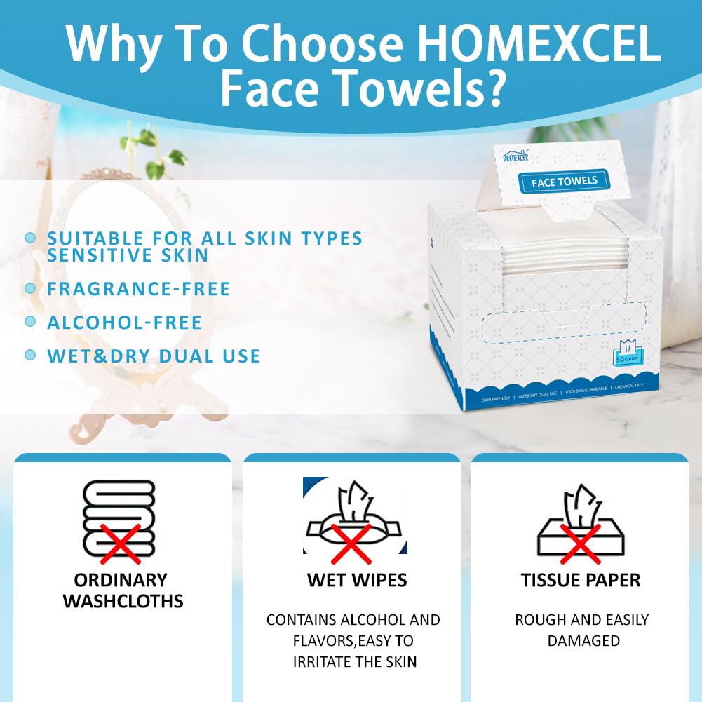 HOMEXCEL Face Towels, Disposable Makeup Remover Wipes, Super Soft Biodegradable Dry Facial Hand Clean Facial Towels Wash Cloth for Sensitive Skin, 50 Count