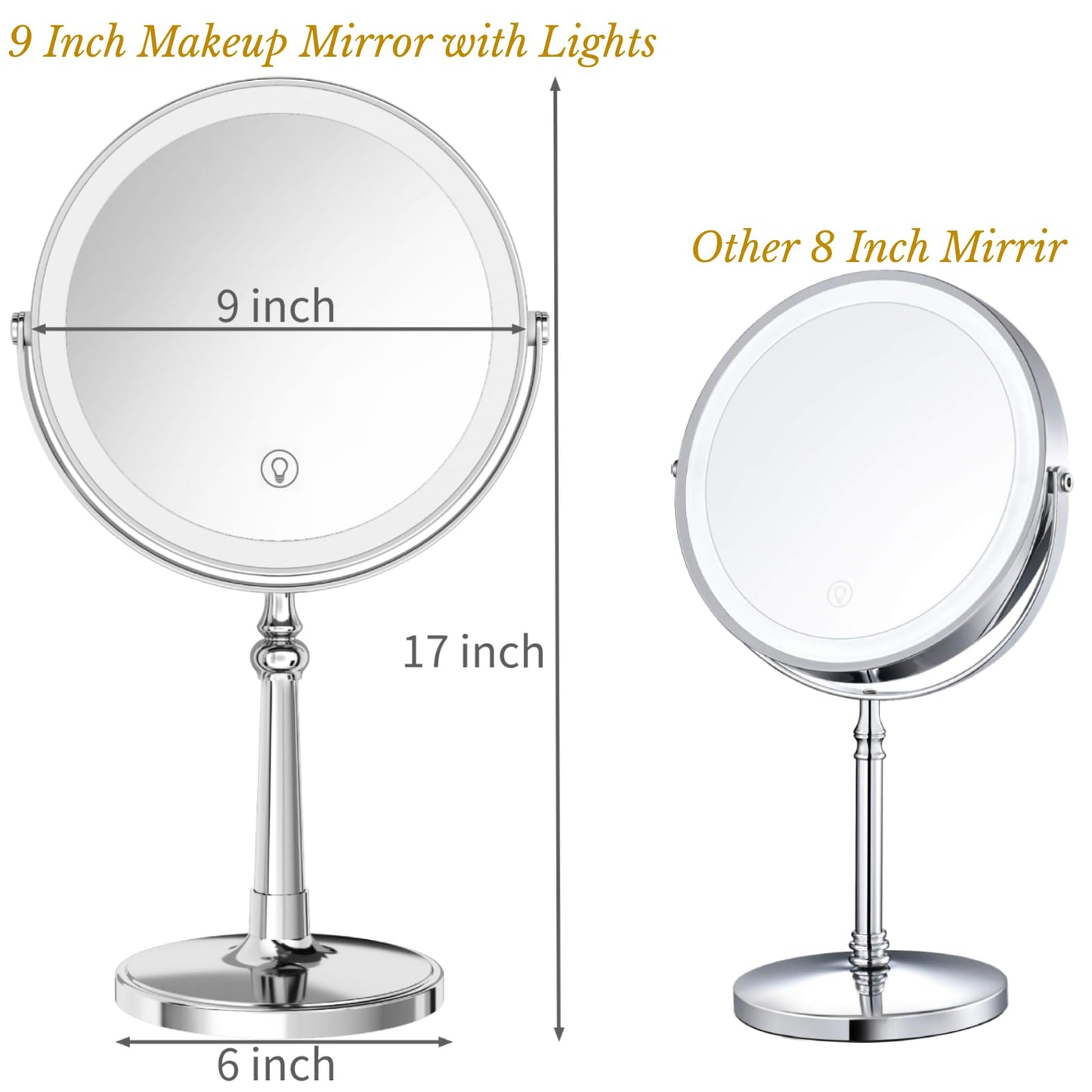 9" Large Make up Vanity Mirror with Lights Chrome Two Way Mirror 1x/10x Magnifying Mirror with Light and Stand 4000mAh Rechargeable Led Makeup Mirror for Desk Dresser Table