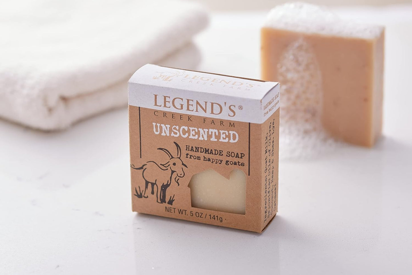 Legend’s Creek Farm Goat Milk Soap - Cleansing Moisturizing Soap Bar for Hands and Body - 5 Oz Creamy Lather, Nourishing, Gentle Natural Soap for Sensitive Skin, Handmade in USA (Unscented, Pack of 5)