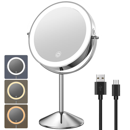 Benbilry 8" Lighted Makeup Vanity Mirror, 3 Color Lights & Brightness Adjustment, 1X/10X Magnifying Rechargeable Double Sided Cosmetic Mirror, 360° Swivel Light Up Cordless Standing Mirror Silver