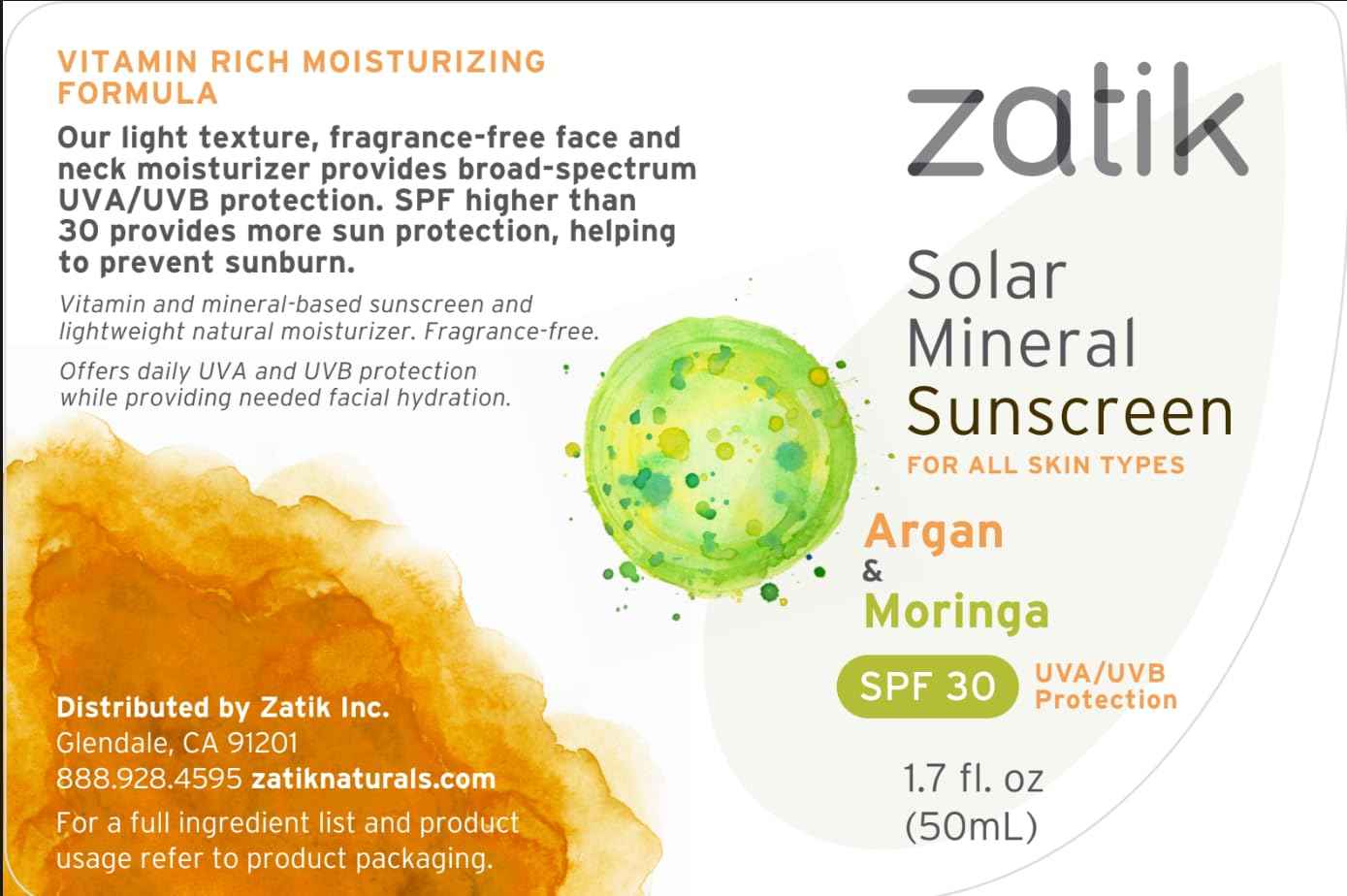 Zatik Naturals - Solar Mineral Sunscreen with Argan and Moringa, Vitamin and Mineral-Based Solar Protection, Vegan, Non-GMO, pH Balanced, FREE from Gluten, Soy, Alcohol. 1.7 fl oz, 50 ml