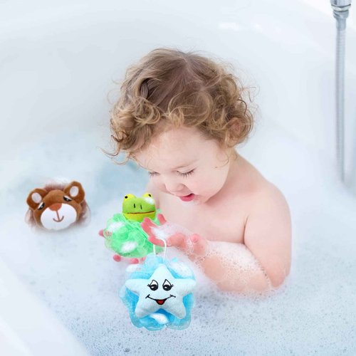 16 Pcs Kids Bath Loofahs Bulk Animal Cartoon Bath Sponge Cute Pouf Mesh Body Loofah Colorful Exfoliating Scrubber Shower Ball for Kids Toddler Boys Girls Adults