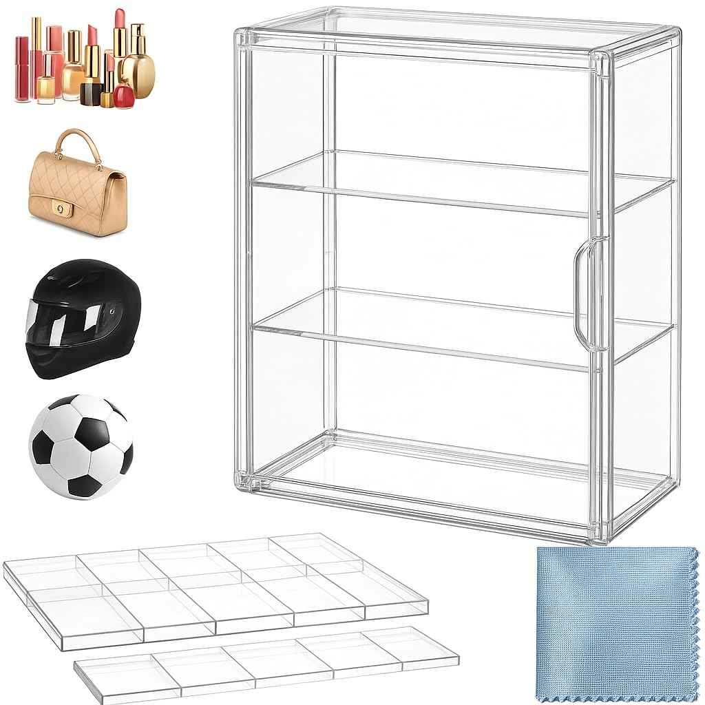 OFRIN 2 Pack Acrylic Display Case with Cleaning Cloth, Magnetic Door & 4 Adjustable Dividers, 3 Tier Display Cases, Stackable Clear Organizers, Acrylic Box, Display Cases
