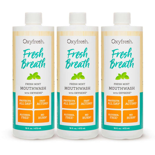 Oxyfresh Fresh Breath Fresh Mint Mouthwash – Dentist Recommended for Long-Lasting Fresh Breath & Healthy Gums | Alcohol & Fluoride Free (3-16 oz Bottles)