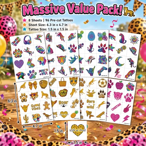 96 PC Cheetah Print Temporary Tattoos for Kids