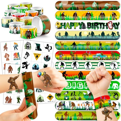 72PCS Bigfoot Party Set | 48PCS Temporary Tattoos & 24PCS Slap Bracelets | Fun Sasquatch-Themed Birthday Supplies, Baby Shower Gifts, Classroom Rewards & Party Decorations for Kids (Boys & Girls)