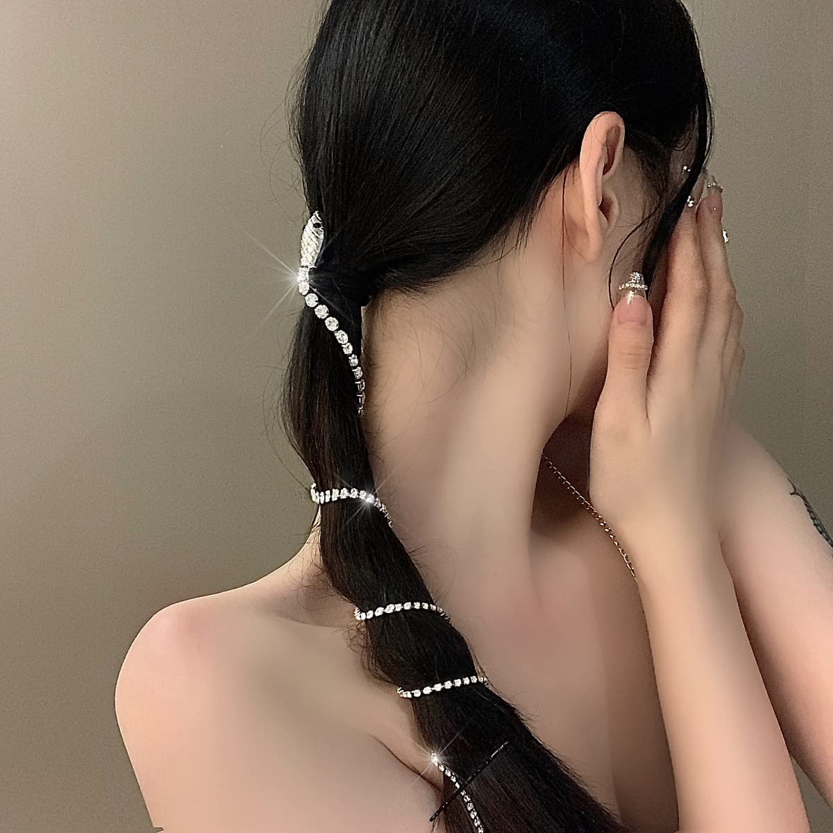 Rhinestone Hair Chains, Shiny Punk Tassel Hair Clips, Snake Shape Sparkle Crystal Decorative Chain Ponytail Headpieces Nightclub Prom Christmas Party Hair Accessories for Women Girls (Silver)