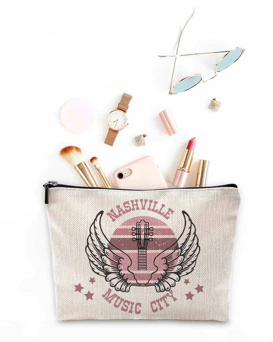 Sufamb Nashville Music City Retro Country Music Makeup Bag,Vintage Western Angel Wings Guitar Western Cosmetic Pouch,Christmas Birthday Gifts for Teen Girls Best Friends,Country Music Lover Gifts