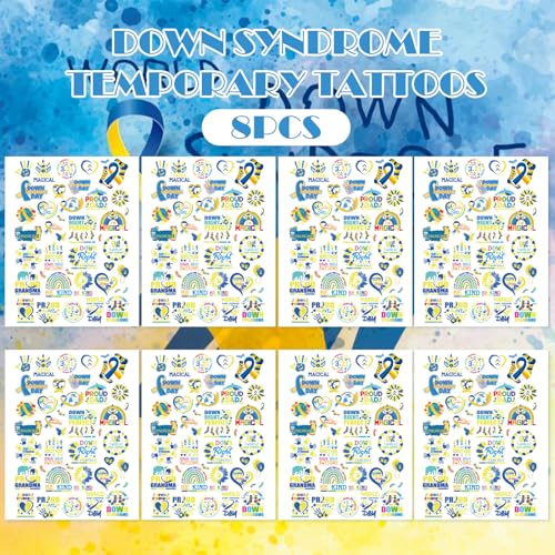 8 Sheets 200+ Down Syndrome Awareness Temporary Tattoos Stickers World Down Syndrome Day Party Decorations Favors 21 March Care Blue Yellow Ribbon Tattoo Stickers Gifts Rewards Supplies