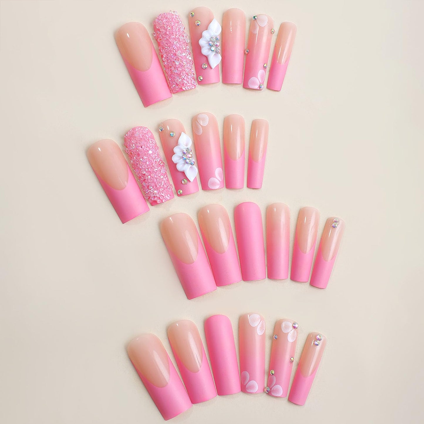 Pink French Tip Press on Nails Long Square Fake Nails White Flowers Glue on Nails Full Cover Acrylic Nails Glossy False Nails Broken Diamond Designs Cute Nails Spring Stick on Nails for Women 24Pcs