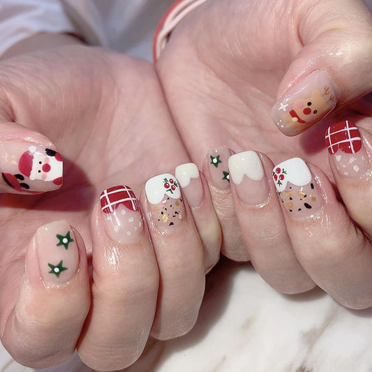 Christmas Press on Nails Short Square Fake Nails, Christmas Manicure Autumn Winter Wearable Nails,Cute Snowman with Designs Acrylic Nails Full Cover Artificial Nails Glue on Nails for Woman 24pcs